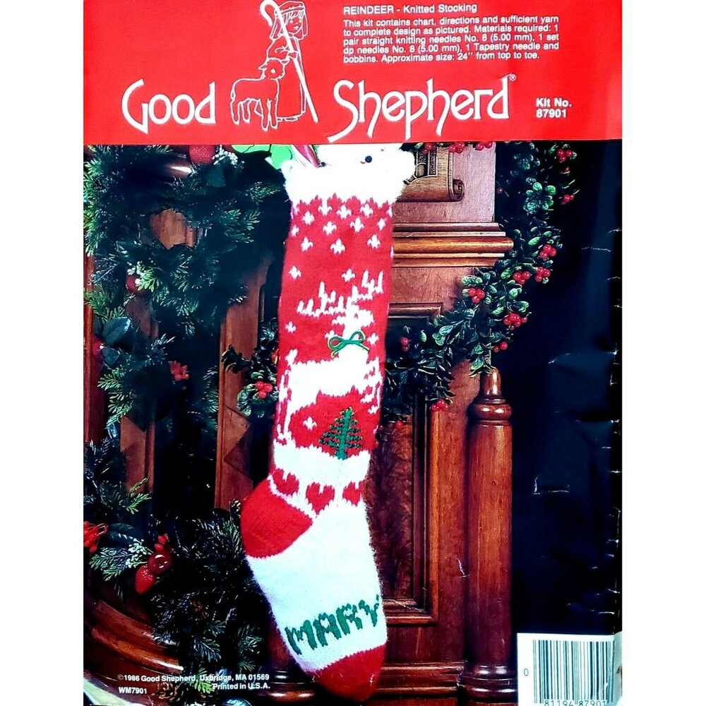New 1986 Christmas Stocking Knitting Kit 24" Reindeer Tree Good Shepherd 87901